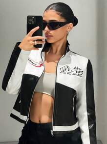 SHEIN ICON Colorblock Splicing Front Zipper Casual PU Leather Print Long Sleeve Y2K Graphic Fall Winter Going Out Zip Up Women Jacket - Multicolor - View 3