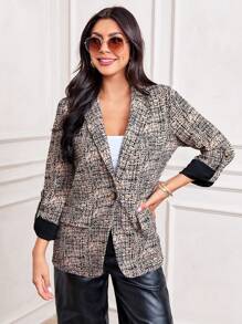 SHEIN LUNE Women's Casual Rolled Cuff Single Button Blazer Jacket - Multicolor - View 6