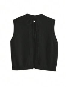 SHEIN Frenchy 女士纯色露背针织吊带背心，侧开衩下摆，秋季休闲无袖上衣 - 黑色 - 查看 3