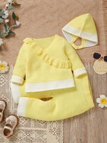 3 pièces/Set Tenue de bébé fille élégante en jaune comprenant : Pull col rond à manches longues, Pantalon à jambes évasées avec garniture volantée, et Bonnet - Jaune citron - Voir 4
