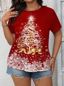 SHEIN LUNE Christmas Snowflake & Golden Christmas Tree Graphic Casual Minimalist Plus Size Crew Neck Short Sleeve Red T-Shirt Pullover, Suitable For Summer - White - View 5