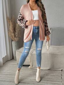 SHEIN Maternity Casual Leopard Patchwork Sweater, Autumn, For Winter - Dusty Pink - View 4