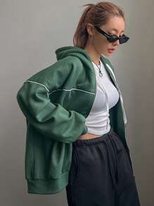 DAZY 女式宽松落肩拼色连帽运动衫，适合休闲穿着，秋冬拉链夹克 - 綠色 - 查看 7