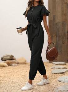Chiquease 女式夏季纯色圆领单排扣短袖抽绳休闲连体裤 - 黑色 - 查看 1