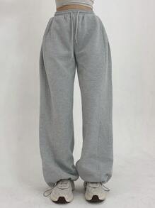 DAZY Pantalones de chándal de mujer de unicolor con bolsillo suelto, cintura ajustable y pliegues, pantalones amplios, joggers de mujer