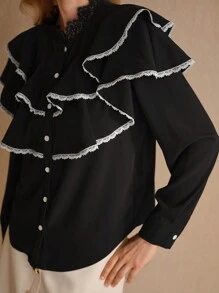 MOTF STUDIO Blouse à volants superposés avec garniture en dentelle contrastante - Noir - Voir 3