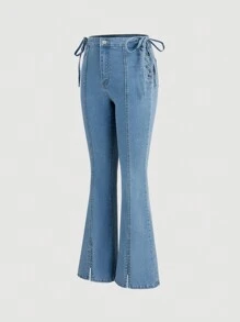 SHEIN MOD Women's Side Tie Waist Flare Casual Versatile Denim Jeans