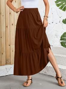 EMERY ROSE Women's Solid Color Minimalist Pleated Skirt, Casual Vacation - Brown - View 6