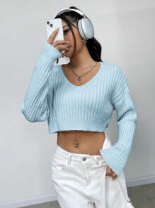 SHEIN Unity Áo len ngắn tay dài hở vai cổ chữ V màu trơn cho nữ, mùa thu/đông - Màu xanh nhạt - Xem 4