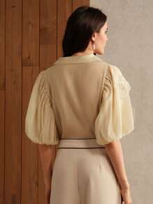 Anewsta Women's Elegant Puff Sleeve Decorative Flower Mallard Color Blouse Women Shirt