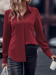 SHEIN LUNE 女士春夏纯色长袖单排扣休闲办公室秋季衬衫新年衣服女式衬衫，长袖上衣 - 紅色 - 查看 6