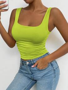 Chiquease Women Solid Color Pleated Sleeveless Tank Top Summer - Green - View 5