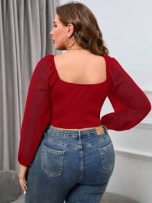 SHEIN Essnce Áo thun dài tay hở vai màu trơn cỡ lớn cho nữ - Màu Đỏ Sâu - Xem 2