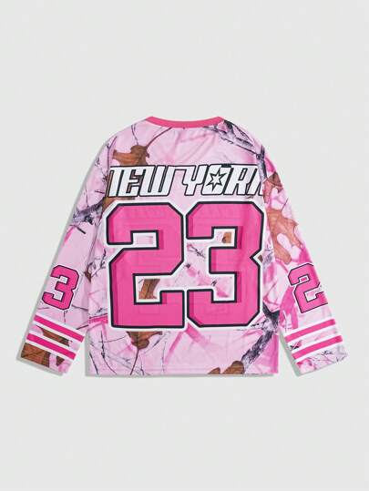 ROMWE Avant Men's Casual V-Neck Long Sleeve Football Jersey Style T-Shirt, Oversized