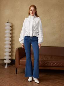 SHEIN MOD Veste court ample pour femme col montant, manches raglan, boutons de cochon, élastique réglable