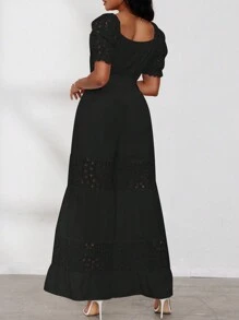 SHEIN LUNE Jumpsuit Wanita Musim Panas Polos Leher Persegi Lengan Pendek Mengembang Bordir Kaki Lebar Longgar Elegan - Hitam - View 2