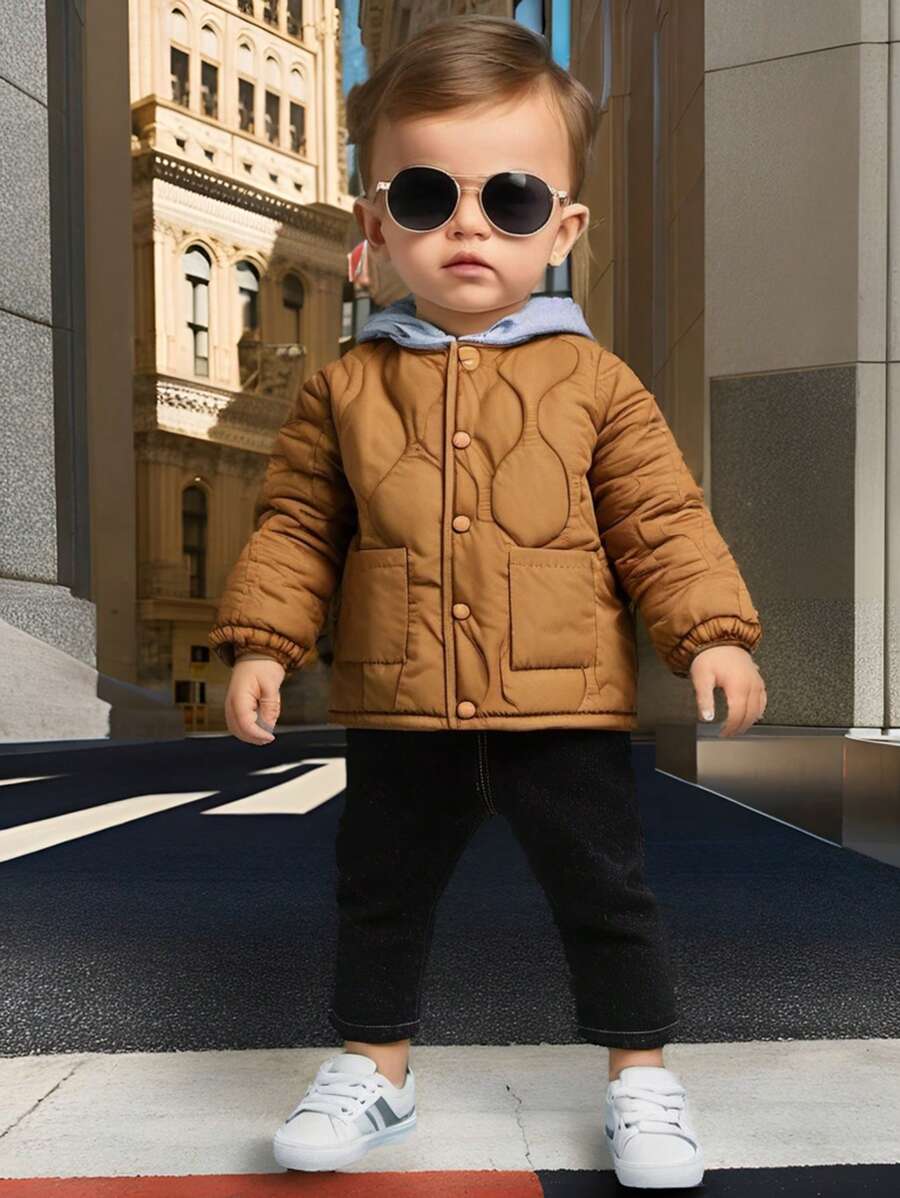 SHEIN 2pcs/Set Young Boys Casual Hooded  Cardigan Jacket And Washed Denim Pants, Comfortable Outfit For Daily Wear, Autumn Winter - Brown - View 1