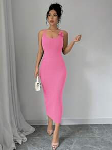Elenzga Vestido de suéter de tirantes ajustado con decoración floral elegante para mujer, otoño/invierno