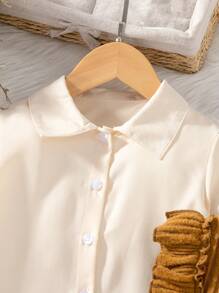 SHEIN 2pcs Young Girl Collared Long Sleeve Jacket And Ruffle Crew Neck Sleeveless Dress Set, Autumn/Winter - Apricot - View 6