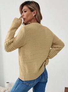 Chiquease Casual Solid Color Long Sleeve Sweater, Autumn, Knit Pullover Fall Winter - Mustard Yellow - View 2