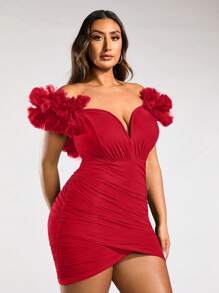 SHEIN BAE Váy quấn lưới xếp nếp trễ vai màu trơn cỡ lớn cho nữ - Đỏ - Xem 5