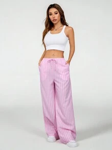 SHEIN PETITE Quần sọc nữ thời trang mùa hè Quần sọc nữ - Hồng - Xem 5