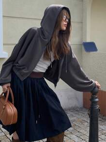 DAZY Áo hoodie trơn màu rộng rãi có khóa kéo cho nữ, mùa thu - Xám - Xem 8