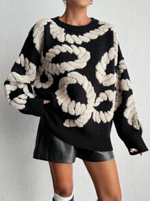 EURMUSE Women Towel Pattern Round Neck Drop Shoulder Pullover - Multicolor - View 6