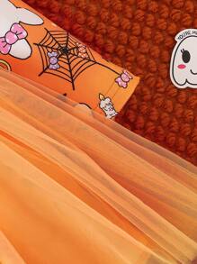 女婴 2 件套秋季万圣节圆领长袖可爱鬼魂、蜘蛛网、蝙蝠、蜡烛、星星、糖果印花荷叶边撞色网眼装饰领结连衣裙带头带，舒适甜美，秋冬新款 - 橘色 - 查看 6