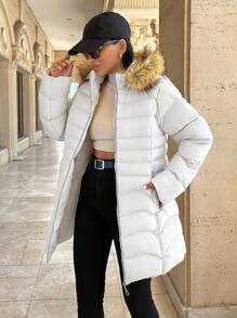 RueChic 毛皮和拉链加厚长款石色长款夹棉夹克