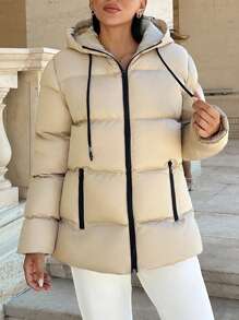 SHEIN Cottnline Beige Contrast Zipper Detailed Padded Short Jacket - Beige - View 5