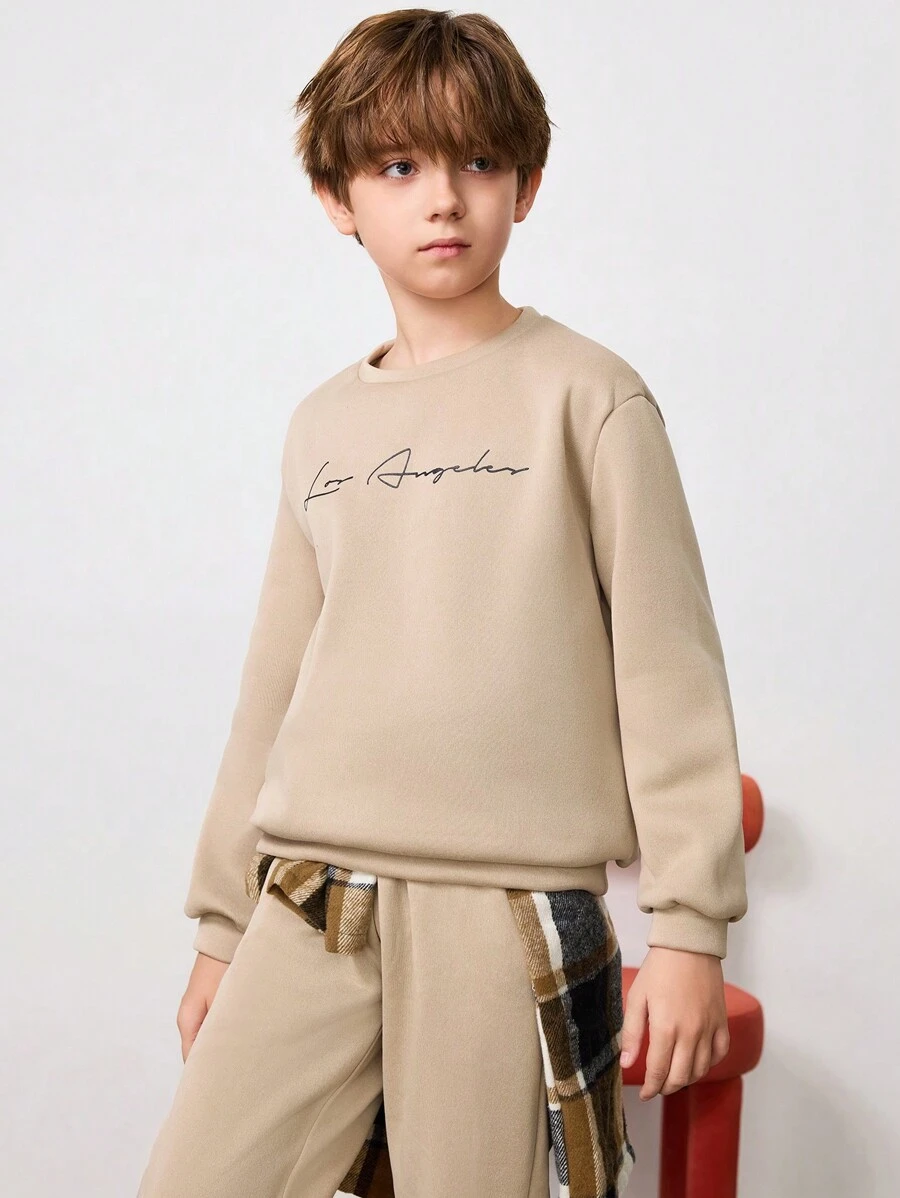 SHEIN 適合青少年男孩穿著的字母圖形保暖套衫和運動長褲 - 米色 - 查看 1