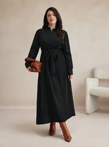 BizChic Plus Size Black Woven Elegant Commuter Dress Black Long Sleeve Dress Fall Women Outfits Winter Women Clothes - Black - View 1