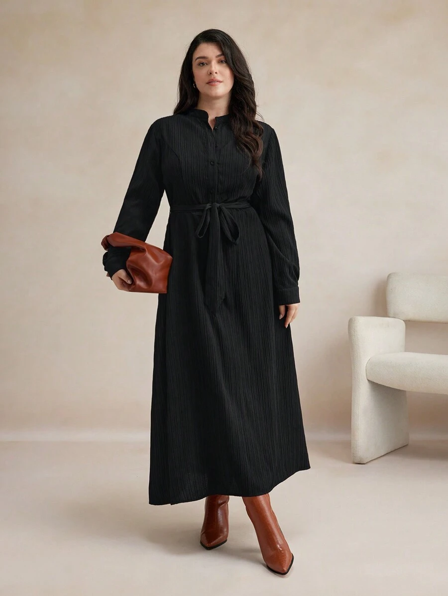BizChic Plus Size Black Woven Elegant Commuter Dress Black Long Sleeve Dress Fall Women Outfits Winter Women Clothes - Black - View 1