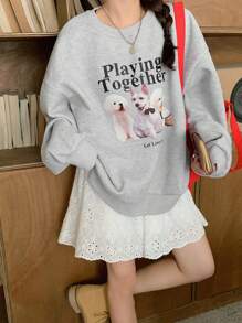 DAZY 女士宽松圆领印花卫衣，秋装 - 灰色 - 查看 3