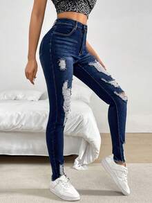 SHEIN Essnce Quần Jeans Skinny Jeans Xanh Denim Cho Nữ - Rửa tối - Xem 6