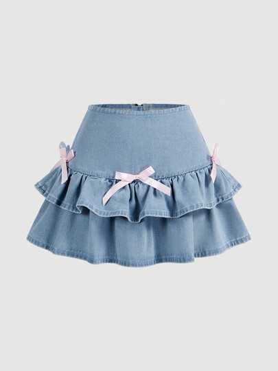 SHEIN MOD Falda de mezclilla casual con volantes y decoración de lazo para mujer