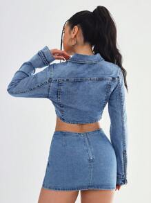 SHEIN EZwear جاكيت جينز قصيرة مع جيوب متعددة الأكمام طويلة للنساء في الربيع والخريف