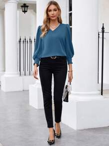 EMERY ROSE 女士纯色 V 领泡泡袖长袖优雅办公室衬衫，春夏季 - 霧霾藍 - 查看 4