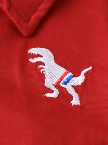 SHEIN Playful Pals 2pcs Baby Boy Casual Striped Dino Embroidery Polo Shirt And Plaid Shorts Set, Spring Summer - Red - View 3