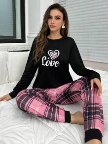 Heart Plaid Print Long Sleeve Pajama Set, Fall Winter Clothes - Black - View 5