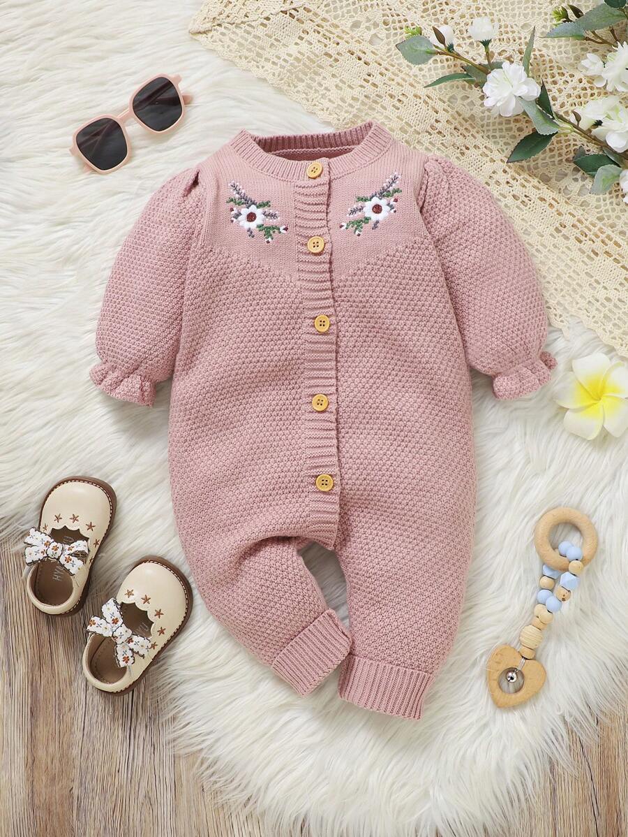Baby Girl Floral Embroidered Knit Jumpsuit, Spring Autumn - Pink - View 1