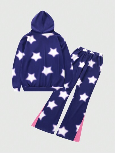 Street Life 2pcs/Set Men's Star Print Hooded Sweatshirt And Sweatpants Set, Casual Wear