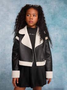 SHEIN Tween Girl 纯色领短款保暖衬里长袖夹克 - 黑與白 - 查看 5