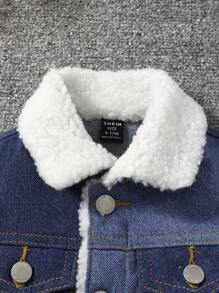 SHEIN 男婴休闲柔软可爱配色仿旧洗水蓝色牛仔保暖内衬泰迪夹克，适合男婴秋冬装