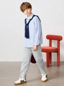 2pcs/Set Tween Boy Casual Striped Collared Button-Up Woven Shirt With Shawl, Long Sleeve