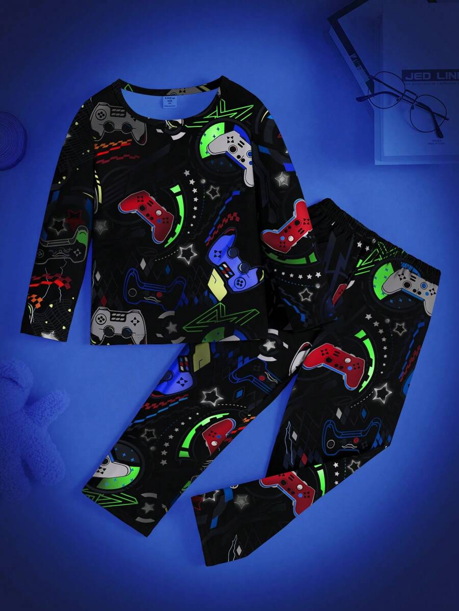 2pcs Young Boy Glow-In-The-Dark Game Printed Long Sleeve Top & Pants Casual Loungewear Pajama Set - Black - View 1