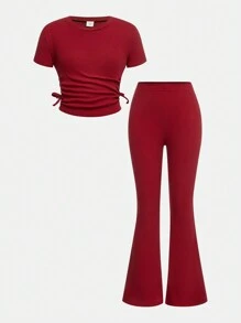 SHEIN Girlism 2 piezas Conjunto informal de niña preadolescente con camiseta de cuello redondo y pantalones de campana
