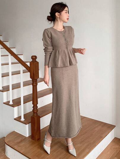 DAZY 2 件套：女士商务休闲针织开衫和长裙秋季