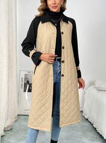 SHEIN Clasi Women's Solid Color Patchwork Front Button Long Sleeve Casual Padded Coat - Khaki - View 5